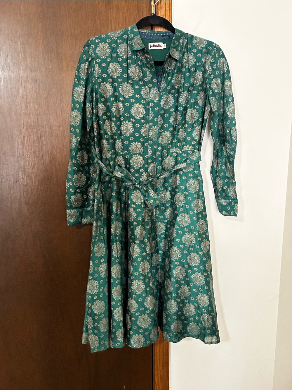fabindia Teal Green Floral Tie-Waist Shirt Dress